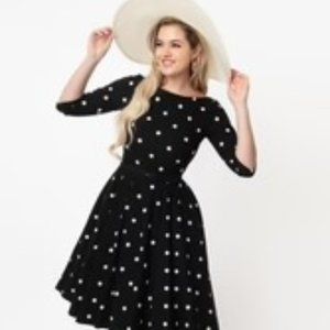 Unique Vintage Black and White Polka Dot Swing Dress 1950s